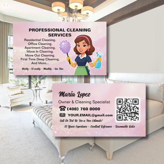QR Code Pink Maid House Cleaning Service Business Card (Creator Uploaded)