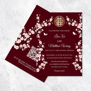 QR Code Pink Oriental Blossom Chinese Wedding Invitation
