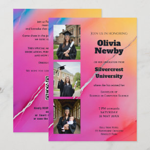 🎓 QR Code Pink  Rainbow Marble  Graduation Party Invitation