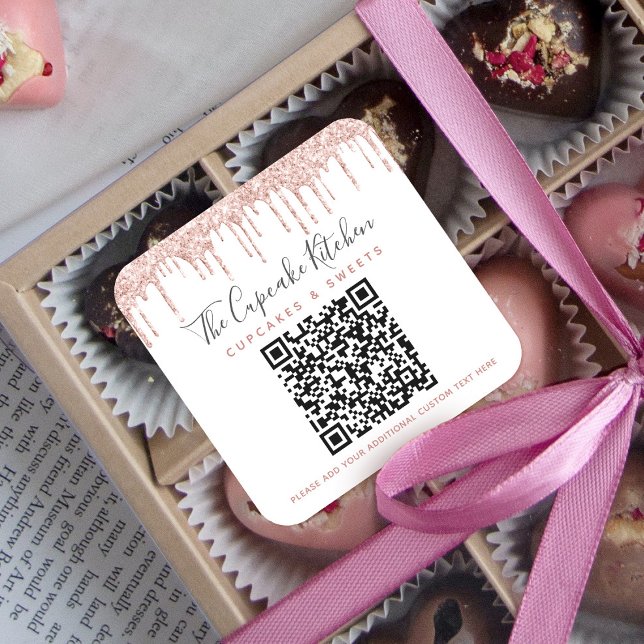 QR Code Pink Rose Gold Glitter Drips Business Name Square Sticker (Creator Uploaded)