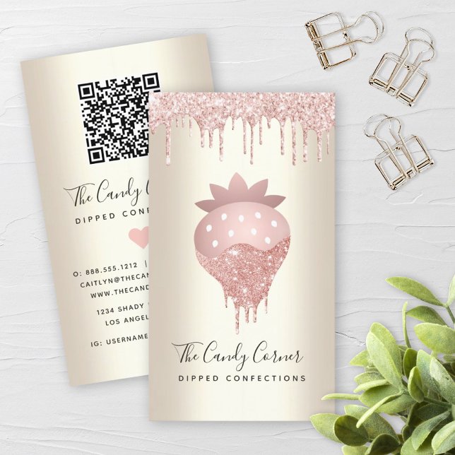QR Code Pink Strawberry Glitter Confection Gold Business Card (Creator Uploaded)