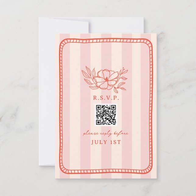 QR Code Pink Stripe Floral Wedding QR RSVP (Front)