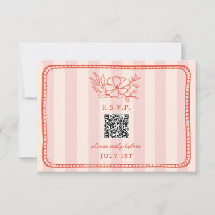 QR Code Pink Stripe Floral Wedding QR RSVP Card