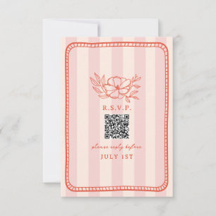 QR Code Pink Stripe Floral Wedding QR RSVP Card