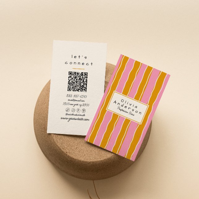 QR Code Pink Yellow 70s Stripes Trendy Boho Girly Business Card (Creator Uploaded)