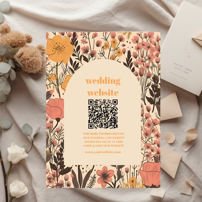 qr code  Pink Yellow Orange Wildflowers Wedding Enclosure Card (Creator Uploaded)
