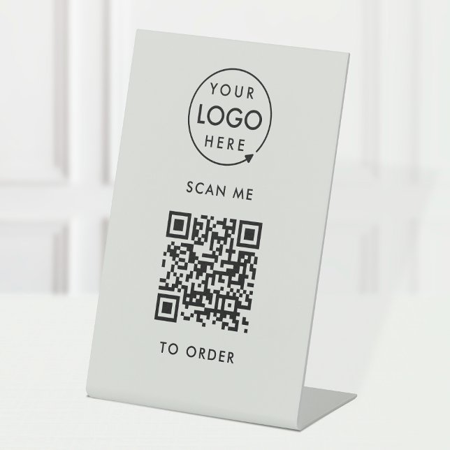 QR Code Place Order | Silver Grey Business Logo Pedestal Sign (Interactive "scan to order" QR code table signs for restaurants, bars, cafes & hospitality events.)