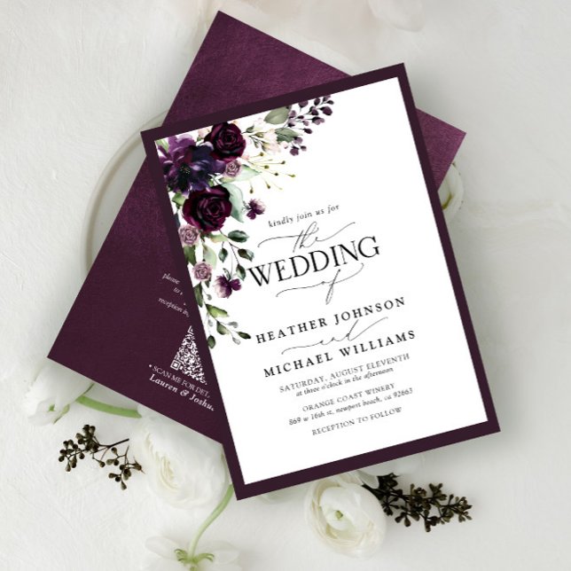 QR Code Plum Purple Floral Watercolor Script Invitation (Creator Uploaded)
