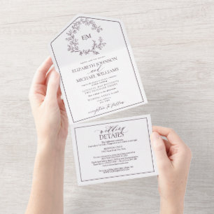 QR Code Plum Purple Leafy Crest Monogram Wedding All In One Invitation