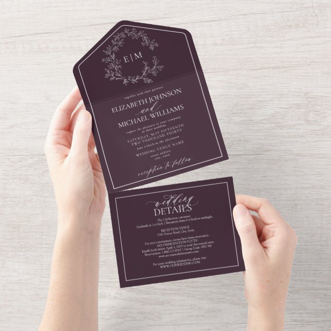 QR Code Plum Purple Leafy Crest Monogram Wedding All In One Invitation (Tearaway)