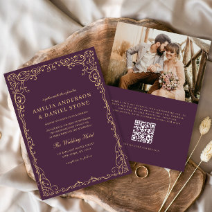 QR Code Plum Purple Photo Minimalist Wedding Invitation