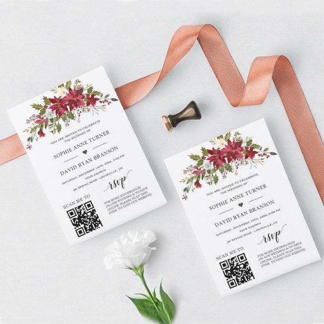 QR Code Poinsettia Floral Gold Wedding Invitation (Creator Uploaded)