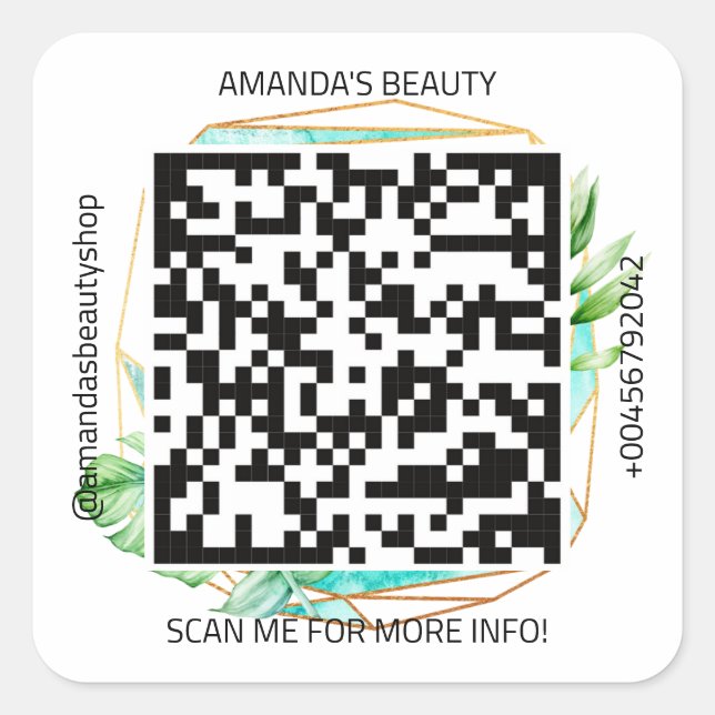 QR Code Promotional Name Contact Web Tropical Gold Square Sticker (Front)