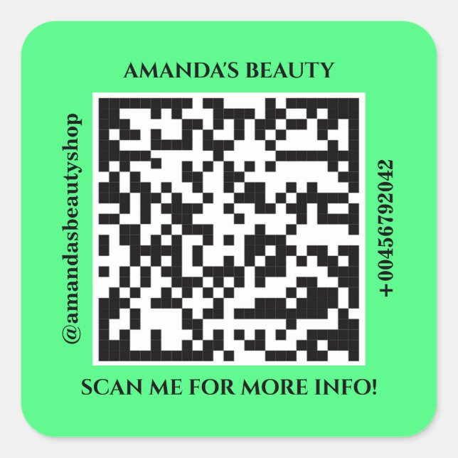 QR Code Promotional Name Web Green Square Sticker (Front)