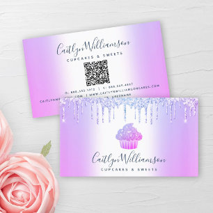 QR Code Purple Cupcake Bakery Pastry Glitter Drips Business Card