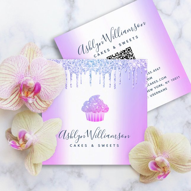 QR Code Purple Cupcake Glitter Drips Bakery Pastry Square Business Card (Creator Uploaded)