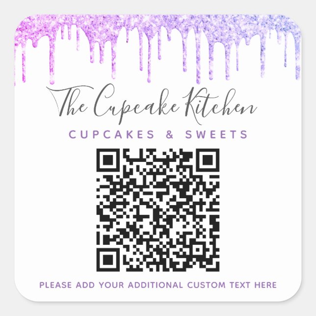 QR Code Purple Glitter Drips Business Name Modern Square Sticker (Front)