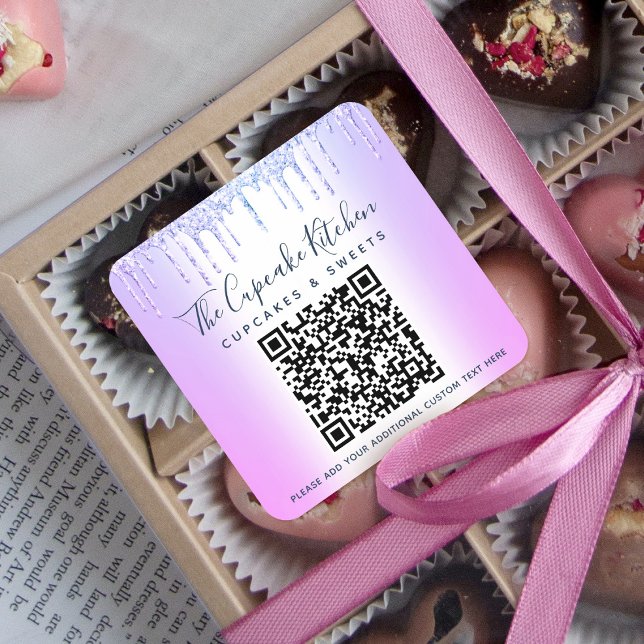 QR Code Purple Glitter Drips Business Name Modern Square Sticker (Creator Uploaded)