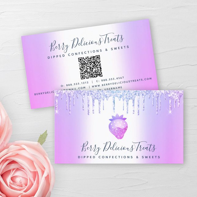 QR Code Purple Glitter Strawberry Confection Chef Business Card (Creator Uploaded)