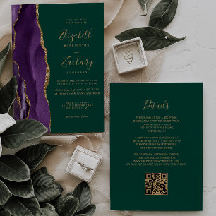 QR Code Purple Gold Agate Emerald Green Wedding Invitation