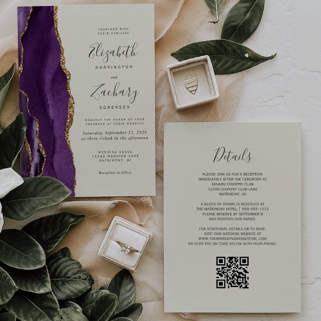 QR Code Purple Gold Agate Ivory Wedding Invitation (Creator Uploaded)