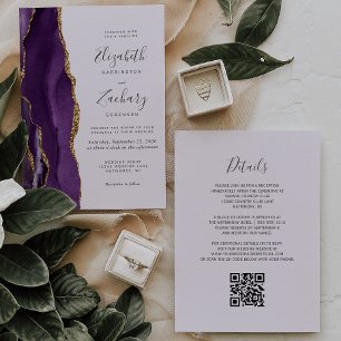 QR Code Purple Gold Agate Lavender Wedding Invitation