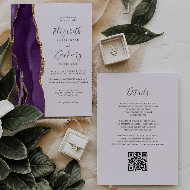 QR Code Purple Gold Agate Lavender Wedding Invitation (Creator Uploaded)