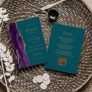 QR Code Purple Gold Agate Teal Wedding Invitation