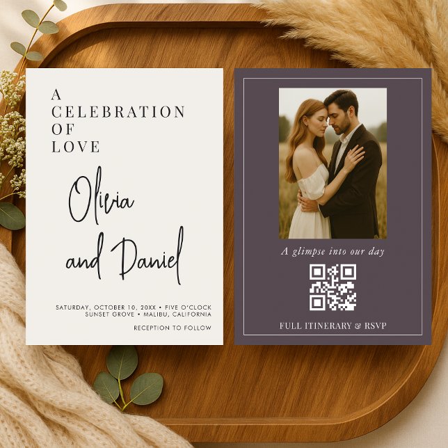 QR Code Purple Script Photo Wedding Invitation (Creator Uploaded)