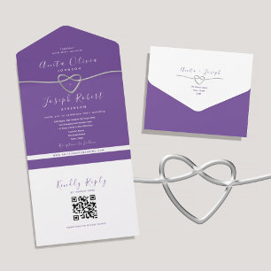 QR Code Purple Silver Heart Wedding All In One Invitation