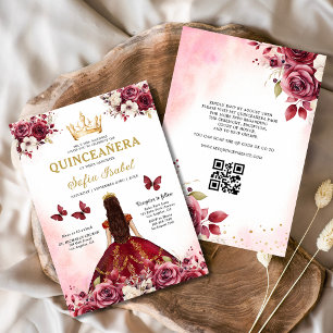 QR Code Quinceanera Floral Burgundy Princess  Invitation