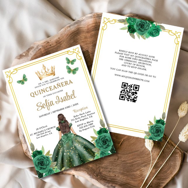 QR Code Quinceanera Floral Emerald Green Gold  Invitation (Creator Uploaded)