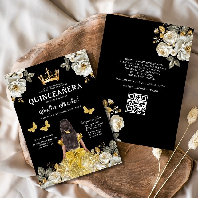 QR Code Quinceanera Floral Gold Princess  Invitation (Creator Uploaded)