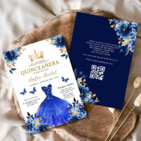 QR Code Quinceanera Floral Royal Blue Princess 