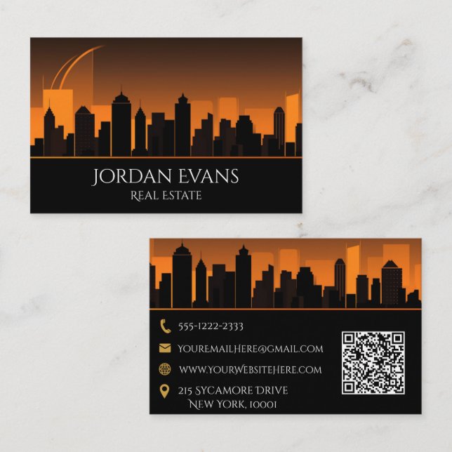 QR Code Real Estate City Skyline Orange and Black Business Card (Front/Back)