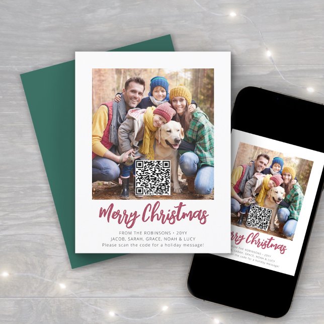 QR Code Red Brushed Script Merry Christmas Photo Holiday Card (Creator Uploaded)