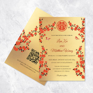 QR Code Red Cherry Blossom   Chinese Wedding Invitation