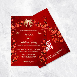 QR Code Red Cherry Blossom   Chinese Wedding Invitation
