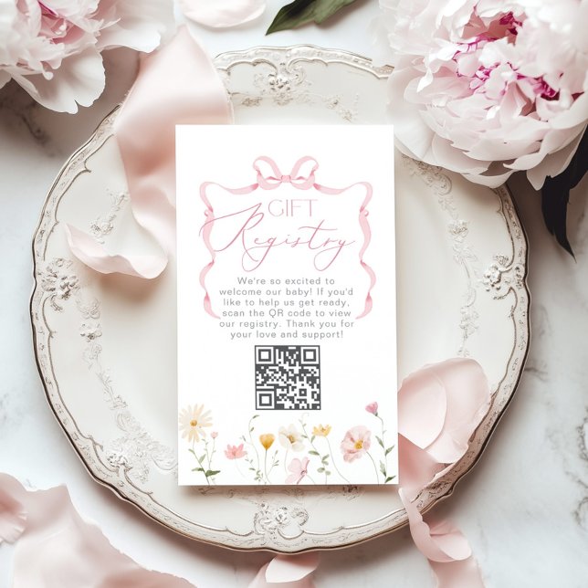 QR code Registry Whimsical Bow wildflowers Enclosure Card (Creator Uploaded)