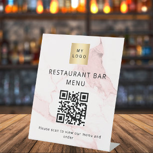 QR code restaurant cafe bar scan menu pink marble Pedestal Sign