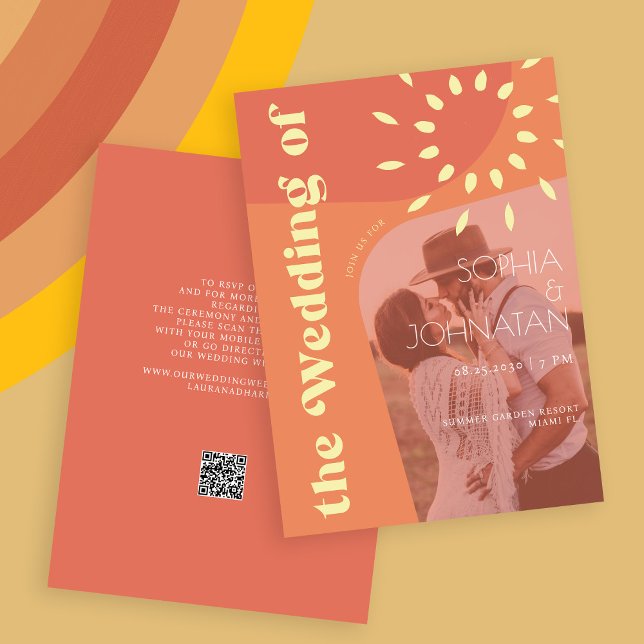 QR code retro burnt orange bold PHOTO rsvp wedding Invitation (Creator Uploaded)