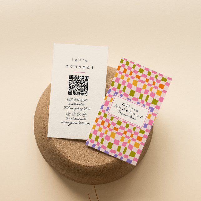 QR Code Retro Colourful Chequered Quirky Girly Fun Business Card (Creator Uploaded)