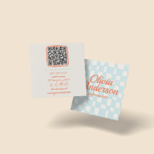 QR Code Retro Colourful Hand Drawn Chequered Groov Square Business Card