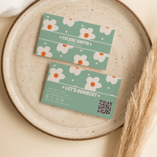 QR Code Retro Green Groovy Floral Boho Unique Fun Business Card