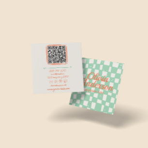 QR Code Retro Green Hand Drawn Chequered Groovy Square Business Card