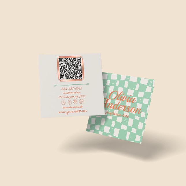 QR Code Retro Green Hand Drawn Chequered Groovy Square Business Card (Creator Uploaded)