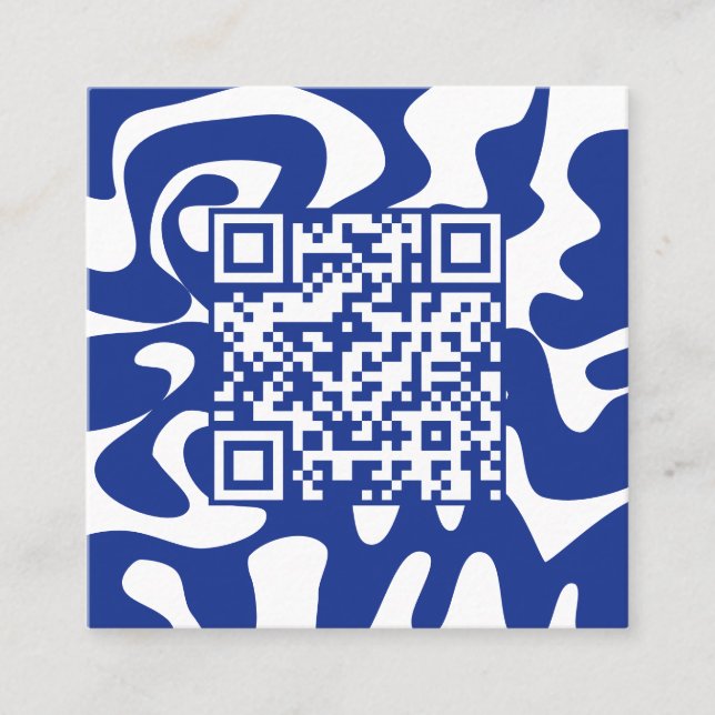 QR Code Retro Groovy Blue White Squiggles Hello Square Business Card (Front)