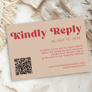 QR code Retro groovy bold red beige online wedding RSVP Card