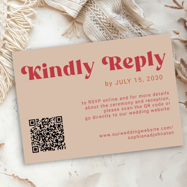 QR code Retro groovy bold red beige online wedding RSVP Card (Creator Uploaded)