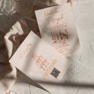 QR Code Retro Hand Drawn Bright Colourful Wedding Invitation